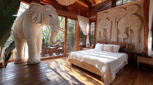 Tranquil Retreat Poster: Grand White Elephant Overlooking Stylish Bed, Artistic Carvings, and Inviting Dining Area - Perfect for Enhancing Your Sporty Home Decor! photo