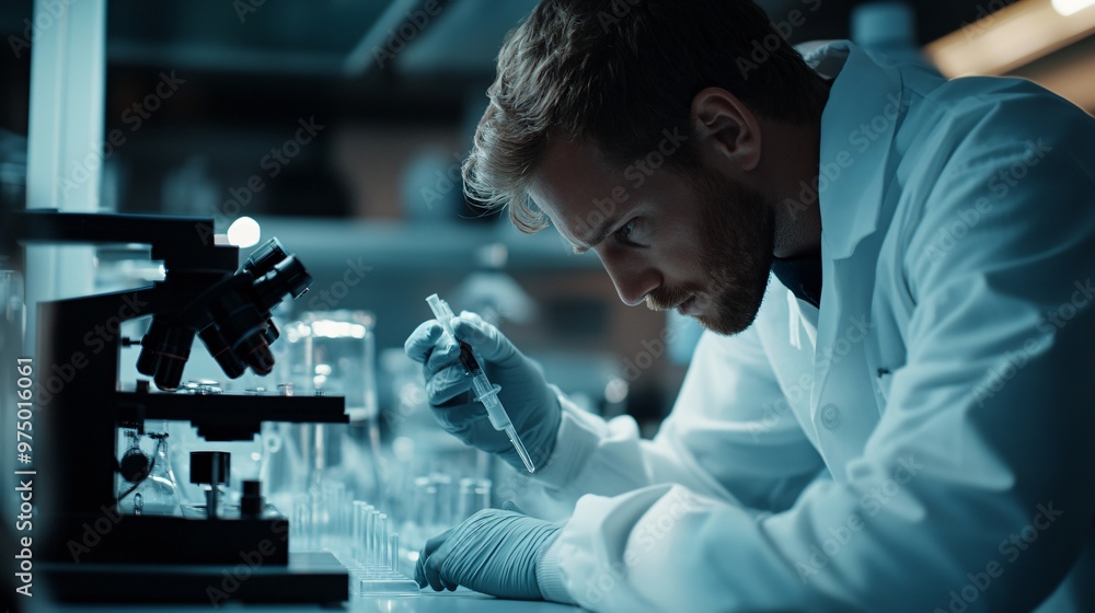A scientist in a lab coat analyzing samples under a microscope in a modern laboratory, copy space A scientist in a lab coat analyzing samples under a microscope in a modern laboratory, copy space