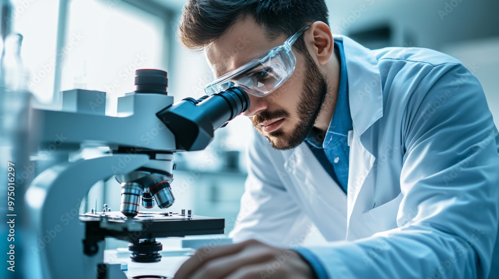 A scientist in a lab coat analyzing samples under a microscope in a modern laboratory, copy space A scientist in a lab coat analyzing samples under a microscope in a modern laboratory, copy space