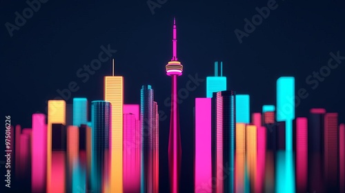 Virtual CN Tower reflection, holographic Toronto cityscape, neon Canada