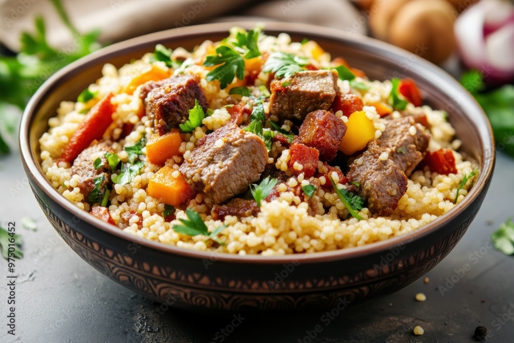 Delicious Moroccan Couscous with Tender Beef and Fresh Vegetables in a Traditional Bowl Delicious Moroccan Couscous with Tender Beef and Fresh Vegetables in a Traditional Bowl