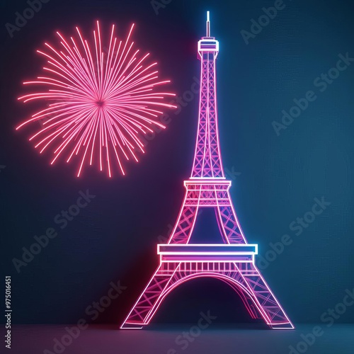 Virtual Eiffel Tower fireworks, neon hologram celebration, Paris night skyline photo