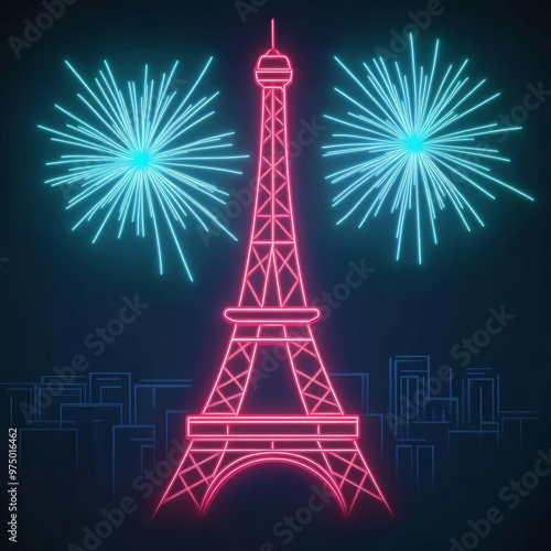 Virtual Eiffel Tower fireworks, neon hologram celebration, Paris night skyline photo