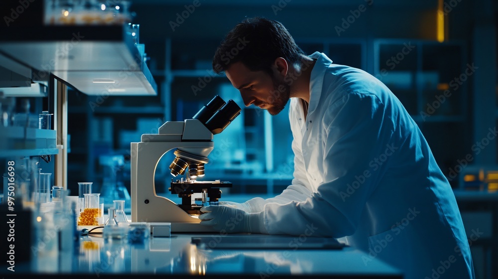 A scientist in a lab coat analyzing samples under a microscope in a modern laboratory, copy space A scientist in a lab coat analyzing samples under a microscope in a modern laboratory, copy space