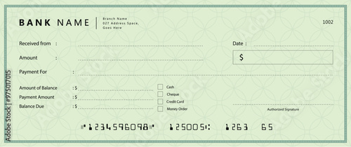 Empty money cheque. Bank check. check book template with pattern and blank fields. Currency payment coupon, US dollar check background.