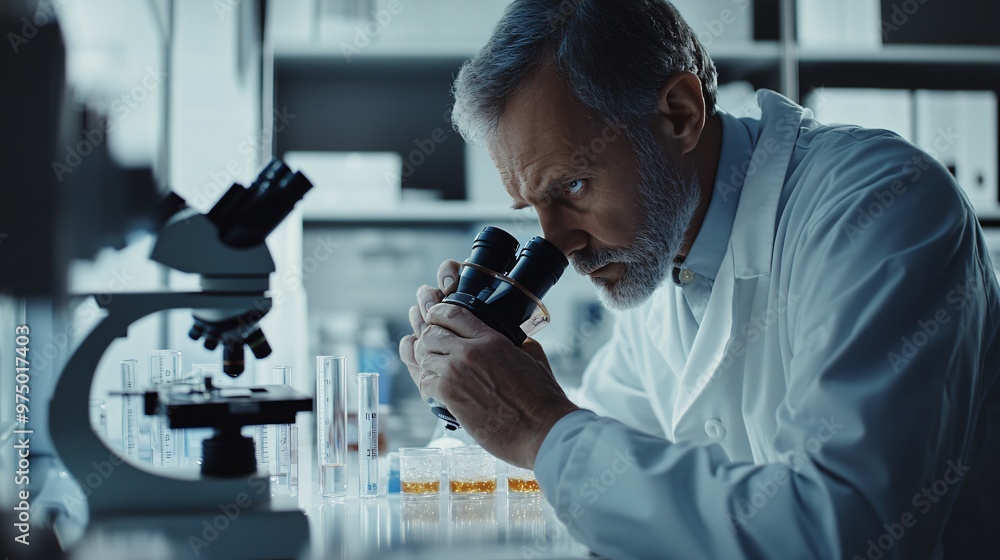 A scientist in a lab coat analyzing samples under a microscope in a modern laboratory, copy space A scientist in a lab coat analyzing samples under a microscope in a modern laboratory, copy space