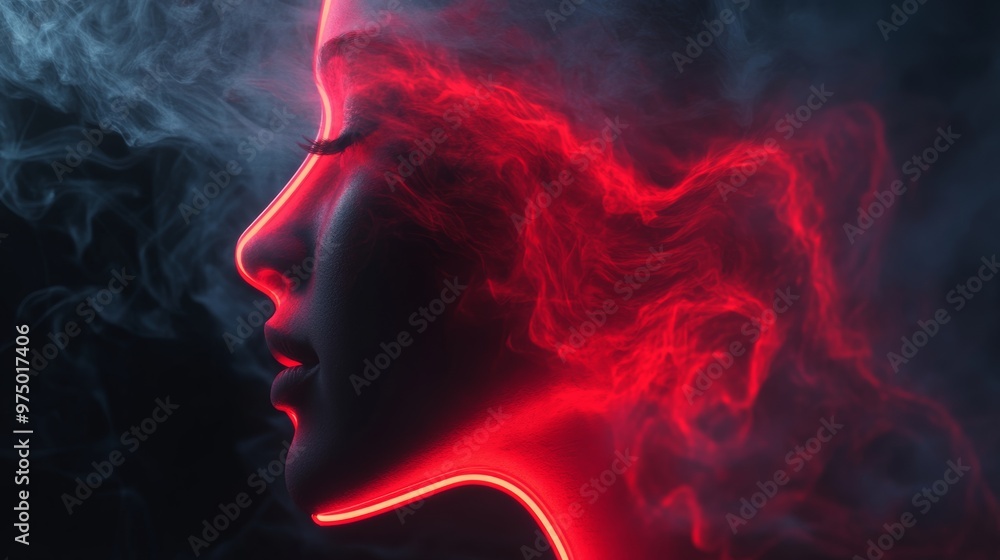 Profile of a woman's face with neon red glow and smoke effect, abstract digital art concept Profile of a woman's face with neon red glow and smoke effect, abstract digital art concept