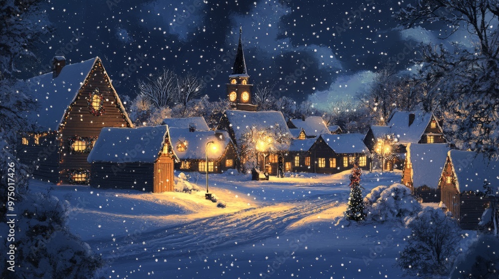 Naklejka premium A Snowy Night in a Quaint European Village with Illuminated Houses and a Church