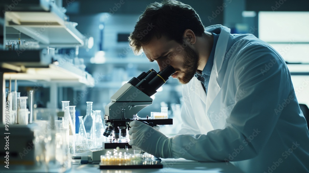 A scientist in a lab coat analyzing samples under a microscope in a modern laboratory, copy space A scientist in a lab coat analyzing samples under a microscope in a modern laboratory, copy space
