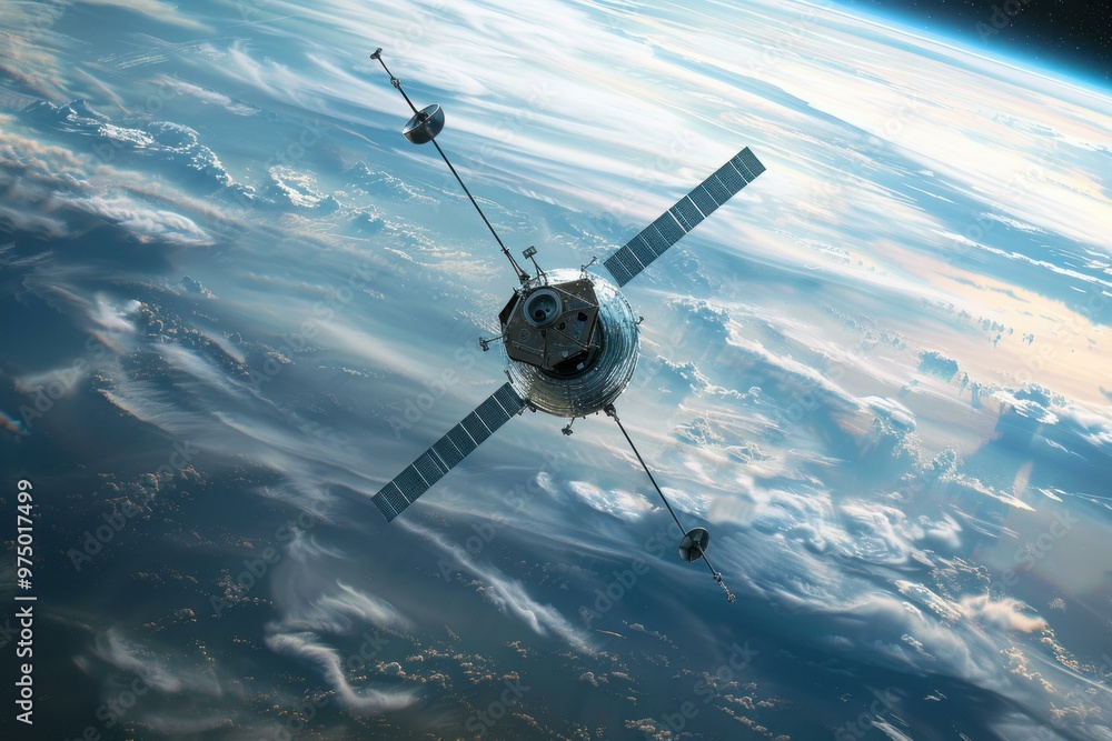 Obraz premium Spacecraft orbiting earth with a cloud covered surface visible below