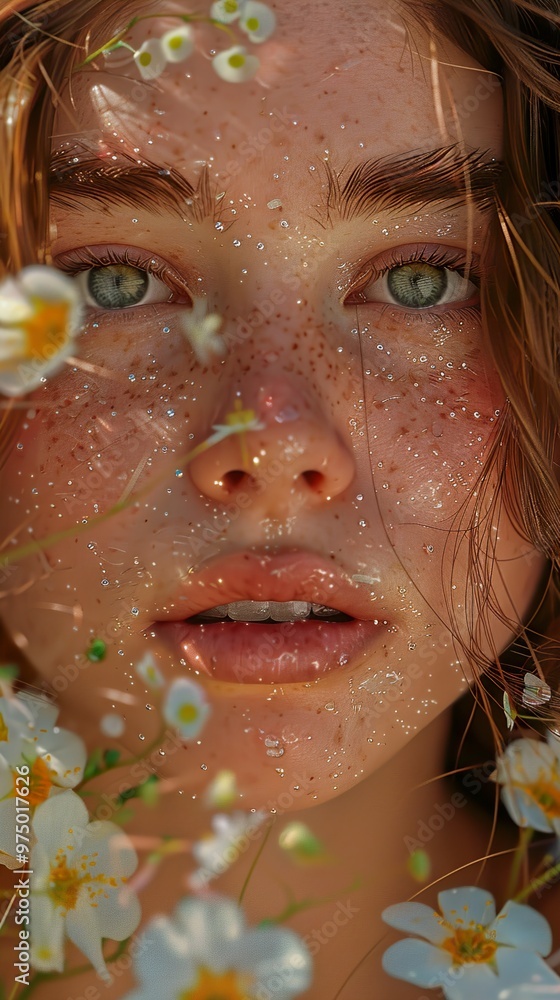 Close-up Portrait of a Woman with Flowers and Water Droplets Close-up Portrait of a Woman with Flowers and Water Droplets