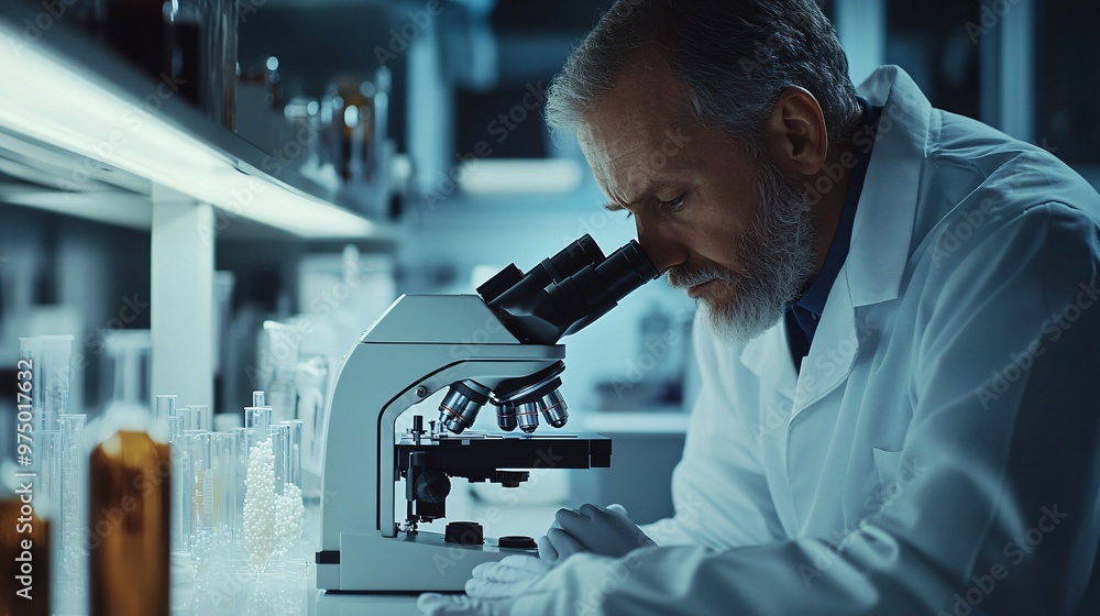A scientist in a lab coat analyzing samples under a microscope in a modern laboratory, copy space A scientist in a lab coat analyzing samples under a microscope in a modern laboratory, copy space