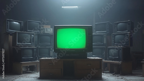 artistic 3d rendered composition stack old classic television with green screen monitors random positions in empty room dynamic composition cinematic lighting video element chroma key video element photo