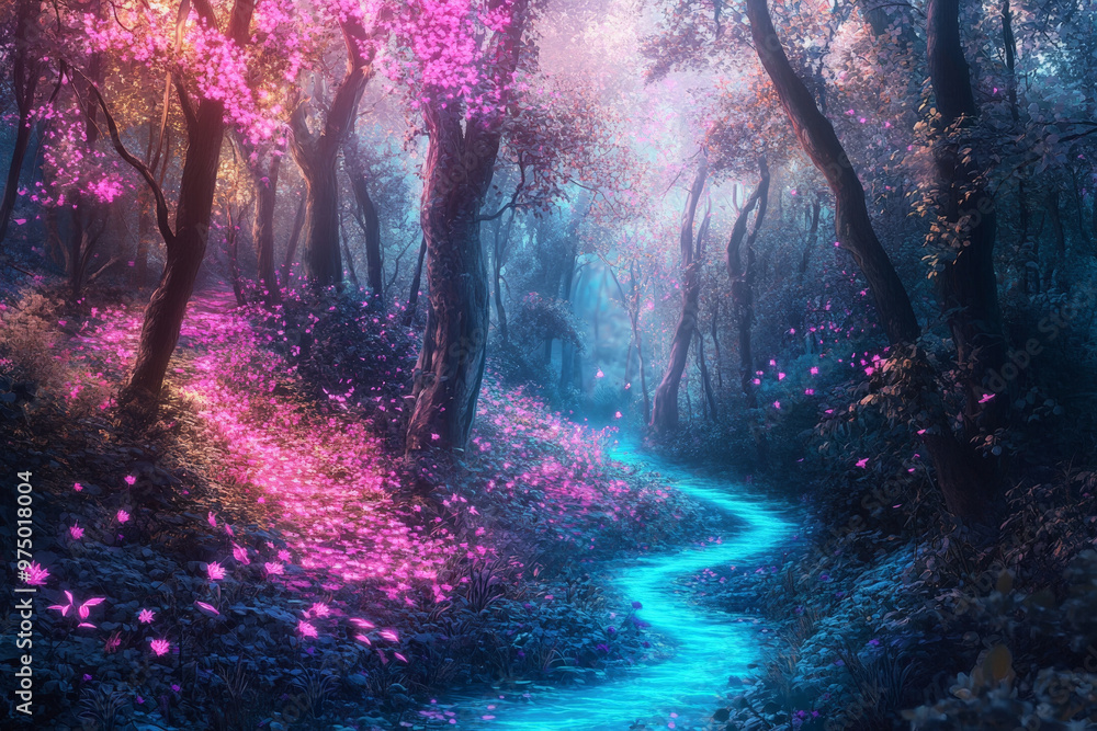 A magical forest where the trees have leaves that glow in various shades of pink, purple, and blue. The forest floor is covered in soft, glowing flowers, and a winding river of glowing turquoise water A magical forest where the trees have leaves that glow in various shades of pink, purple, and blue. The forest floor is covered in soft, glowing flowers, and a winding river of glowing turquoise water
