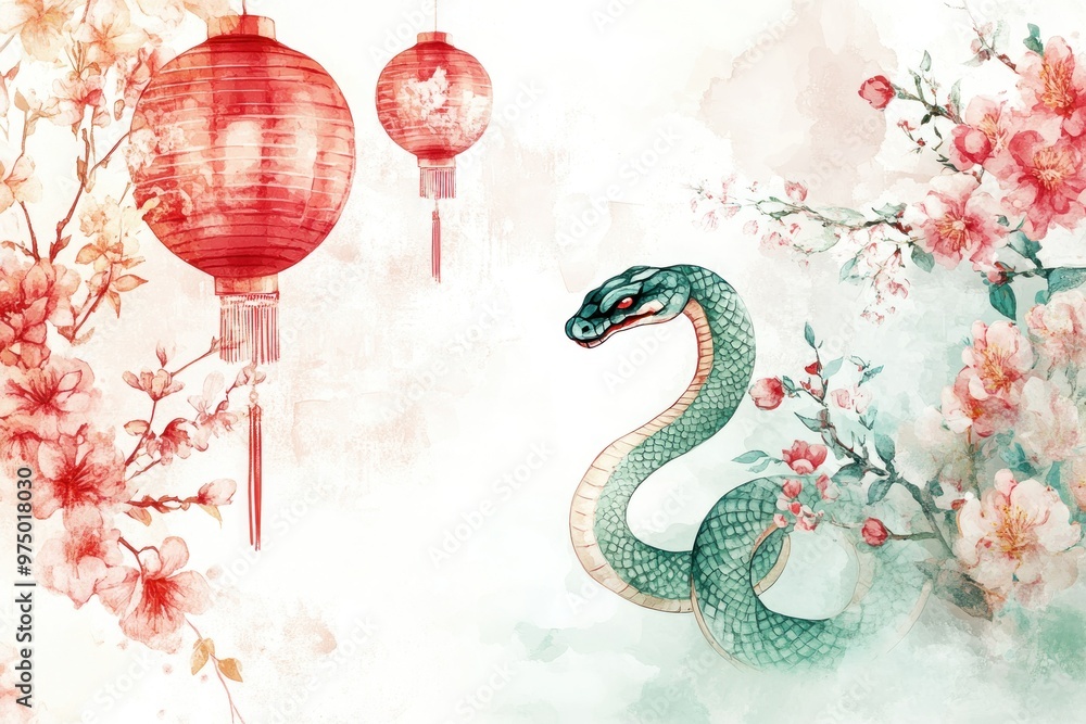 Obraz premium Elegant Oriental Design with Cherry Blossoms, Lanterns, and Serpent