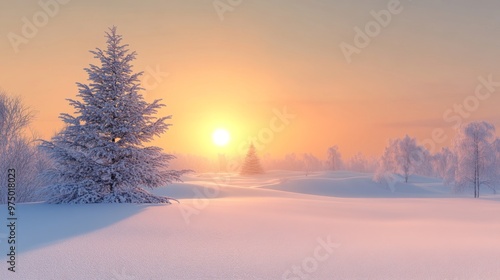 Snowy Forest Landscape with Sunset and Pine Tree