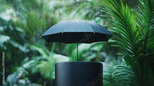 Wallpaper Mural Umbrella on Podium Monsoon Backdrop. AI generated illustration. Torontodigital.ca