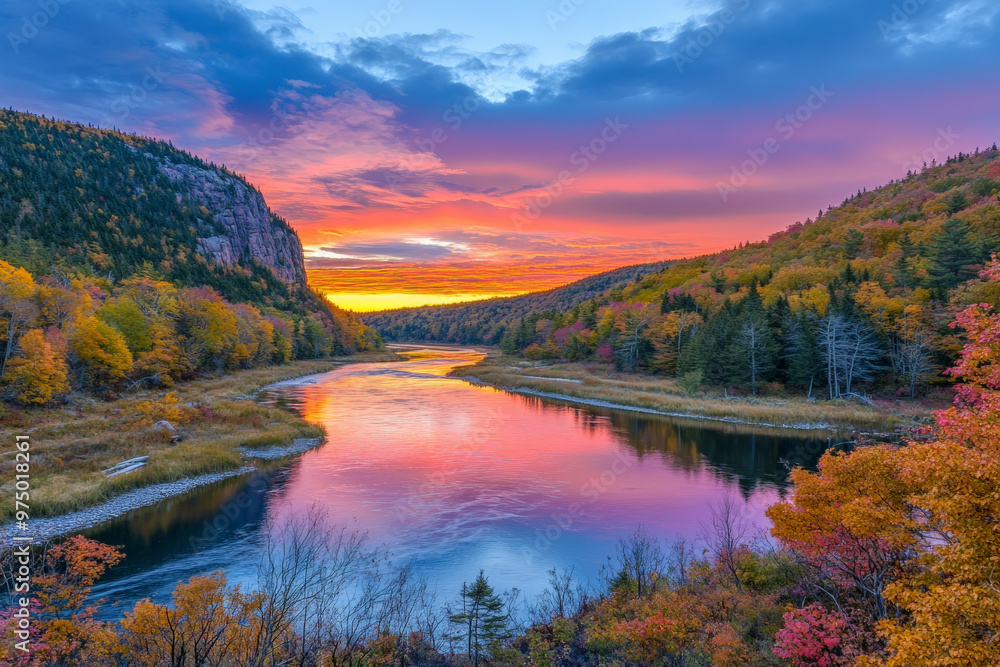A vibrant autumn scene with a river flowing through a valley. The sky transitions from a warm amber at the horizon to a cool, dusky blue above. The river reflects the gradient, with colorful fall foli A vibrant autumn scene with a river flowing through a valley. The sky transitions from a warm amber at the horizon to a cool, dusky blue above. The river reflects the gradient, with colorful fall foli