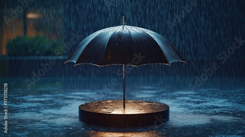 Umbrella on Podium Monsoon Backdrop. AI generated illustration. photo