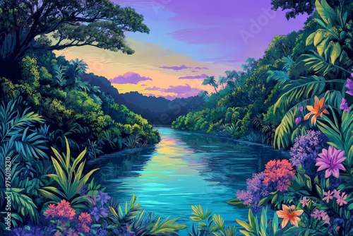 A vibrant river scene with a gradient sky transitioning from a bright turquoise near the horizon to a deep indigo above. The river reflects these colors, with lush green vegetation and colorful wildfl photo