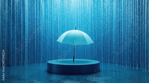 Umbrella on Podium Monsoon Backdrop. AI generated illustration. photo