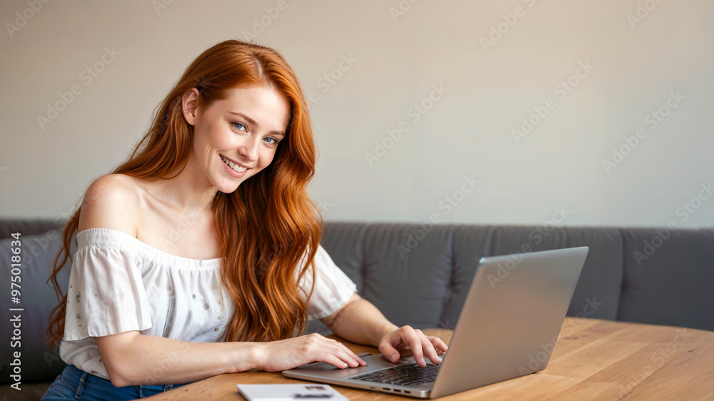 Smiling young red-haired woman using a laptop computer Smiling young red-haired woman using a laptop computer