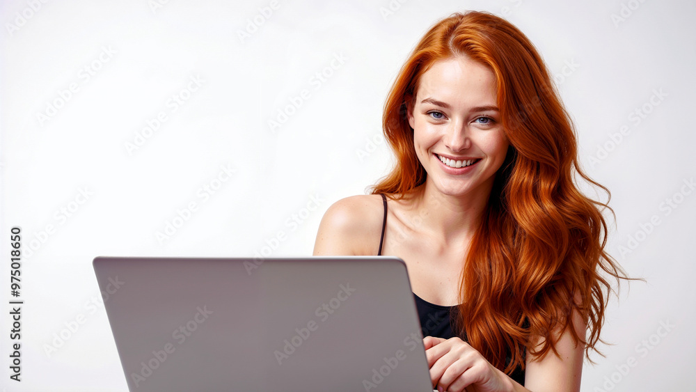 Smiling young red-haired woman using a laptop computer Smiling young red-haired woman using a laptop computer