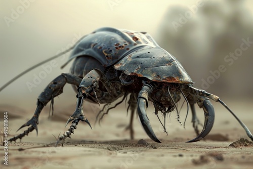 Giant beetle robot with spindly legs and rusted metal plating is walking across a barren desert landscape photo