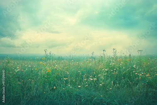 A lush meadow with a gradient sky shifting from light aqua blue at the horizon to a deep, rich teal at the zenith. The grass and wildflowers are subtly tinted with gradient tones that echo the sky`s photo