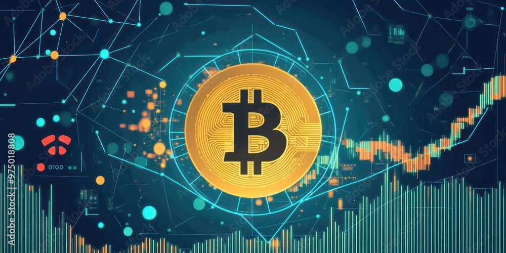 A Bitcoin symbol in the center of a digital network with a data visualization in the background. A Bitcoin symbol in the center of a digital network with a data visualization in the background.