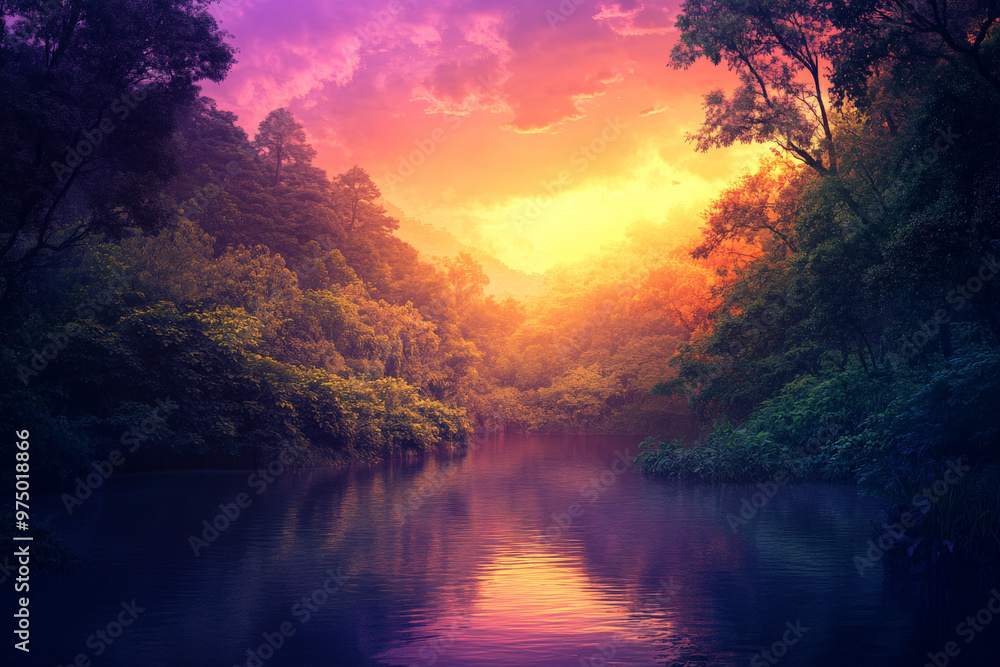 A magical forest landscape with a river flowing through it. The sky transitions from a bright peach near the horizon to a deep, mystical purple above. The river reflects these vibrant colors, with the A magical forest landscape with a river flowing through it. The sky transitions from a bright peach near the horizon to a deep, mystical purple above. The river reflects these vibrant colors, with the