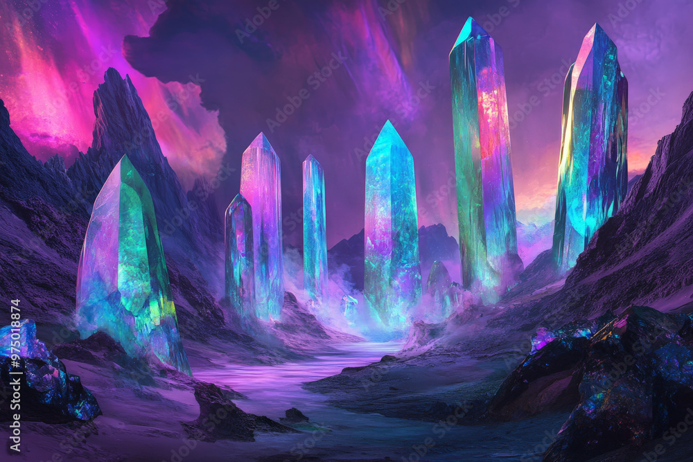 A surreal valley filled with enormous, floating crystals that glow in various colors .jpg A surreal valley filled with enormous, floating crystals that glow in various colors .jpg