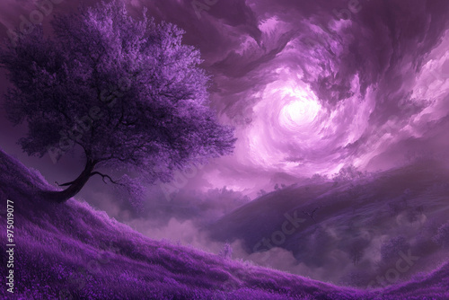 A surreal and dreamlike landscape where the ground is a deep violet and the trees are a rich, dark purple. The sky is filled with swirling, glowing purple clouds, and the air is thick with a soft, eth photo