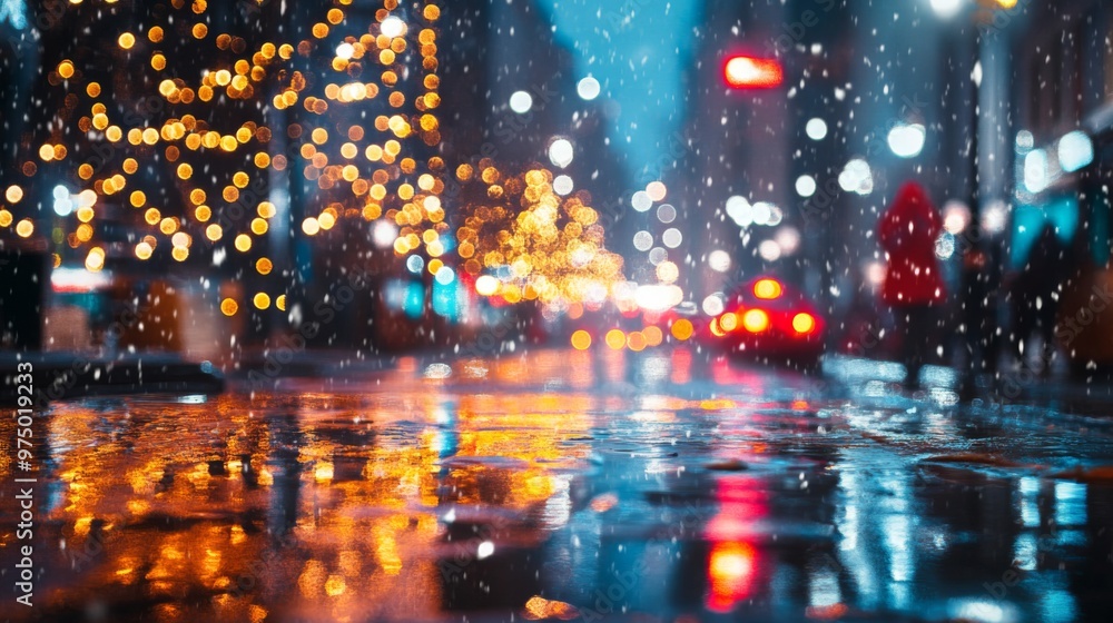 Obraz premium Cityscape Reflection in Snow and Rain