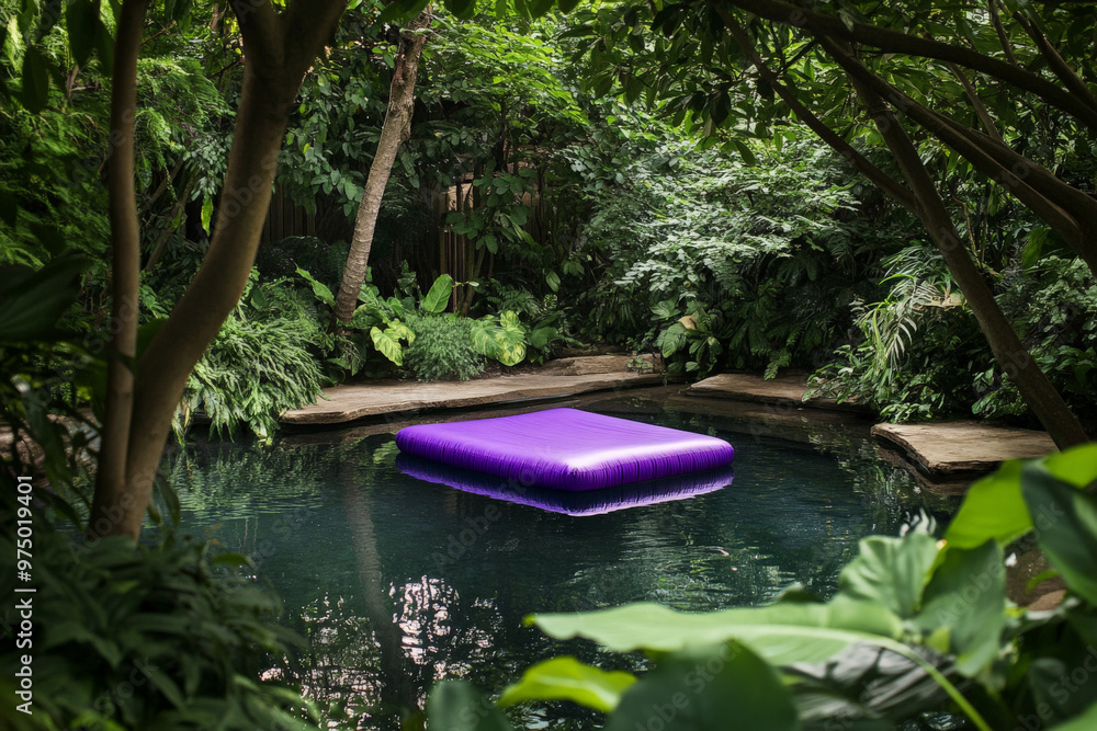 A small, intimate swimming pool surrounded by lush greenery. A bright purple air mattress floats on the water, with the surrounding trees and plants reflected in the calm, glassy surface. The scene is A small, intimate swimming pool surrounded by lush greenery. A bright purple air mattress floats on the water, with the surrounding trees and plants reflected in the calm, glassy surface. The scene is