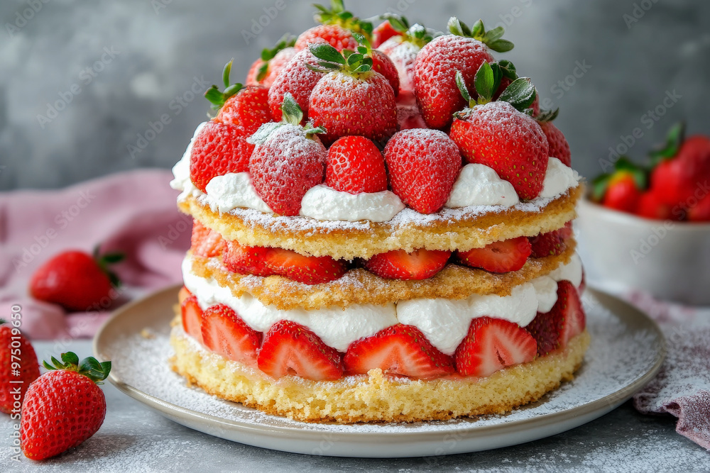 A front view of an elegant strawberry shortcake, with layers of fluffy sponge cake, fresh strawberries, and whipped cream. The cake is topped with a mound of strawberries and a light dusting of A front view of an elegant strawberry shortcake, with layers of fluffy sponge cake, fresh strawberries, and whipped cream. The cake is topped with a mound of strawberries and a light dusting of