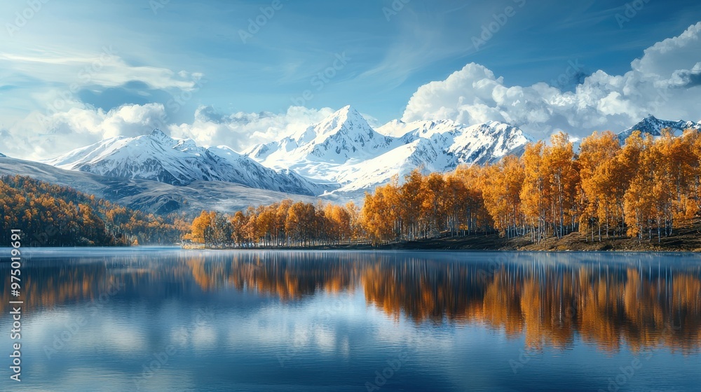 Snow-dusted mountains reflected in a crystal-clear lake surrounded by autumn trees under a bright blue sky, Ai Generation Snow-dusted mountains reflected in a crystal-clear lake surrounded by autumn trees under a bright blue sky, Ai Generation