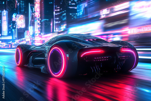 A futuristic car with a matte black finish, cruising through a city at night. The car is illuminated by neon red and blue lights that flow along its body, highlighting its aerodynamic design. The