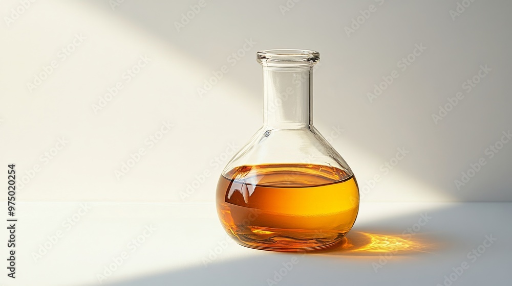 Glass flask with amber liquid on white background, scientific concept Glass flask with amber liquid on white background, scientific concept