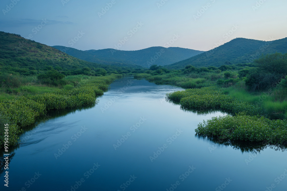 A tranquil river in a lush, green valley with a gradient sky shifting from a pale blue at the horizon to a rich, deeper blue above. The river_s surface mirrors the gradient, and the lush vegetation on A tranquil river in a lush, green valley with a gradient sky shifting from a pale blue at the horizon to a rich, deeper blue above. The river_s surface mirrors the gradient, and the lush vegetation on