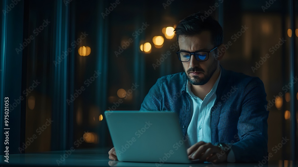 A Man in Glasses Works on a Laptop in a Dark Room A Man in Glasses Works on a Laptop in a Dark Room