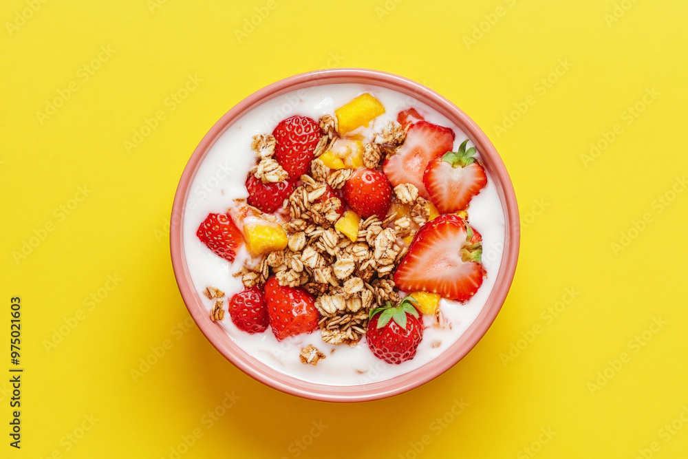 A top view of a strawberry yogurt bowl, with granola, honey, and fresh strawberries. The yogurt is set against a warm, sunny yellow background, creating a bright and cheerful image. A top view of a strawberry yogurt bowl, with granola, honey, and fresh strawberries. The yogurt is set against a warm, sunny yellow background, creating a bright and cheerful image.