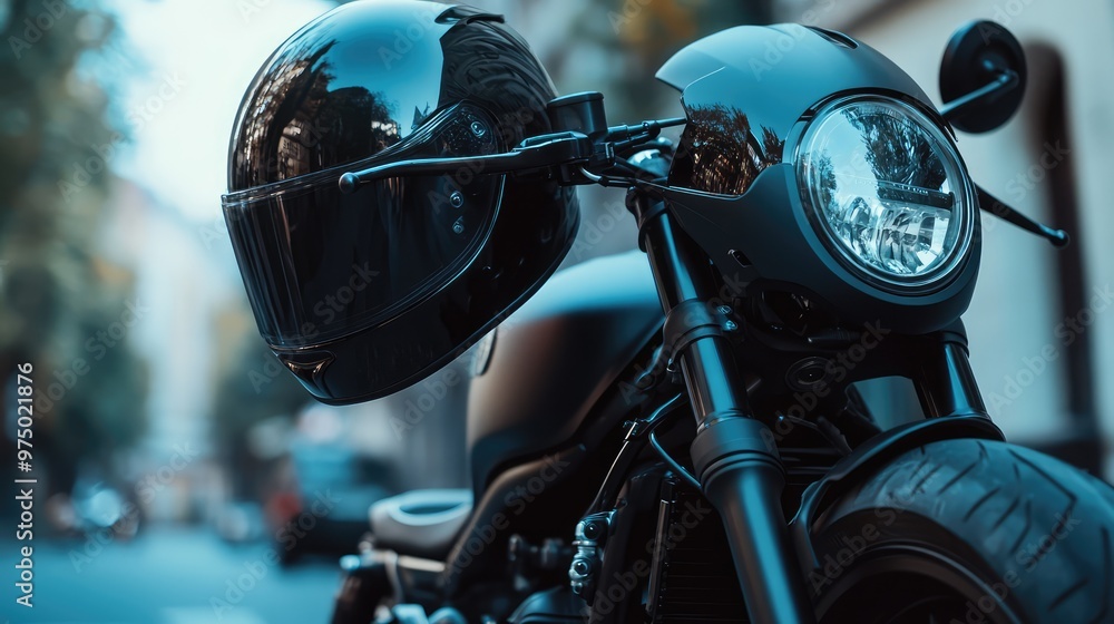 Fototapeta premium Black Motorcycle Helmet on Handlebars. AI generated illustration