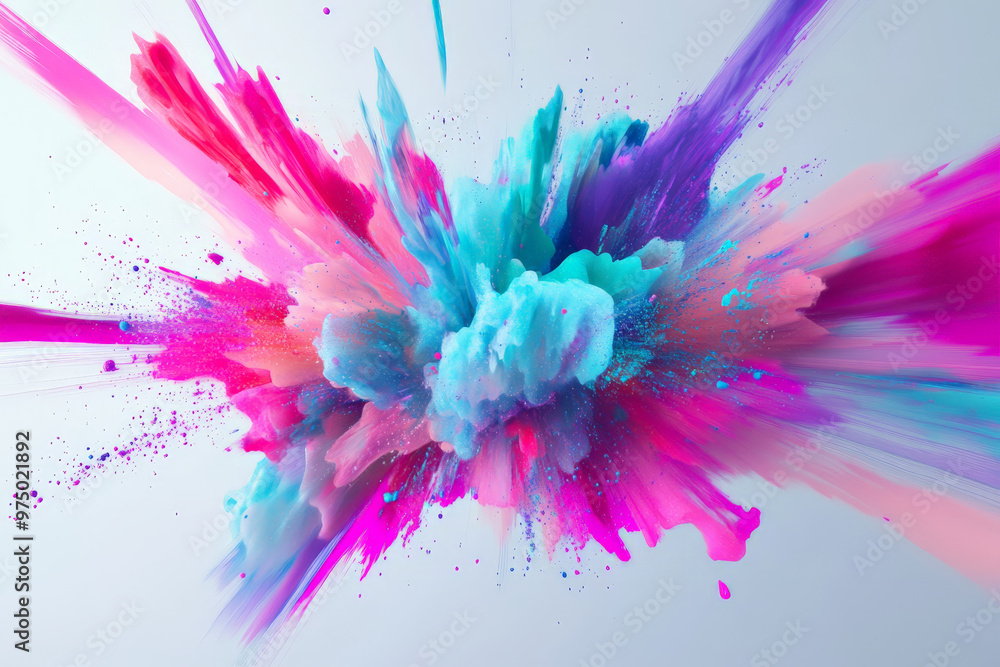 A colorful 3D explosion with vibrant shades of teal and magenta against a light, white background. The explosion includes detailed, abstract shapes and light trails, creating a visually captivating A colorful 3D explosion with vibrant shades of teal and magenta against a light, white background. The explosion includes detailed, abstract shapes and light trails, creating a visually captivating