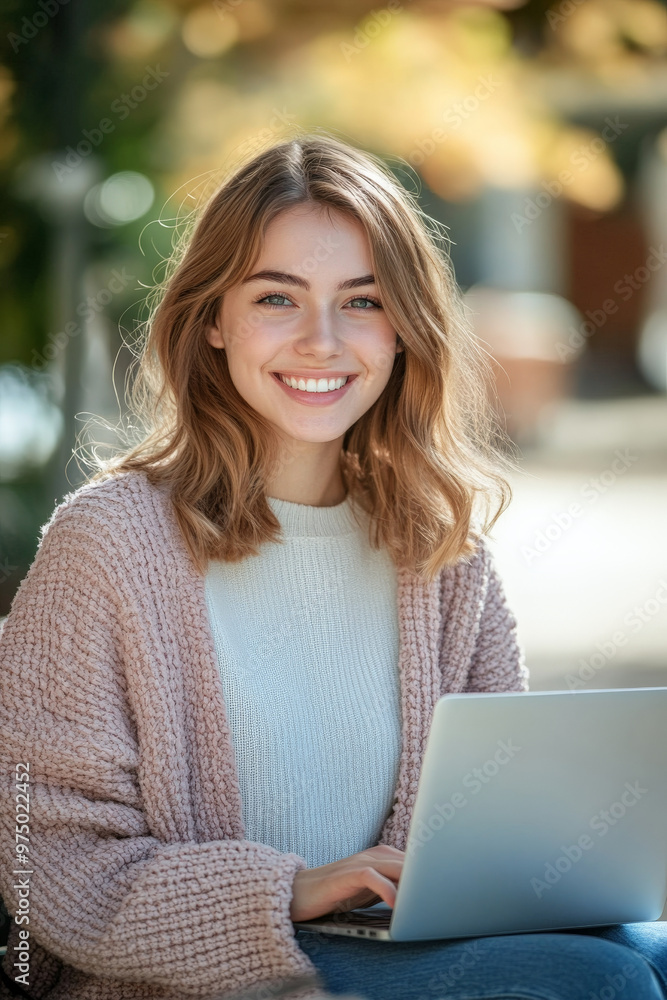 A happy young Caucasian female college student e-learning on her laptop at campus, sitting on a bench and smiling brightly at the camera.