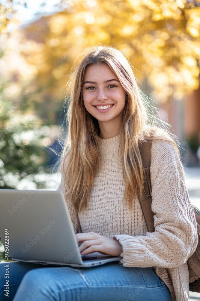 A happy young Caucasian female college student e-learning on her laptop at campus, sitting on a bench and smiling brightly at the camera. A happy young Caucasian female college student e-learning on her laptop at campus, sitting on a bench and smiling brightly at the camera.