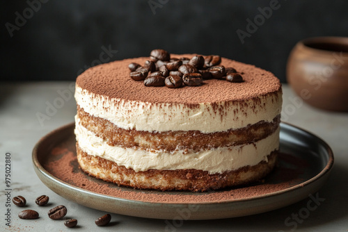 A front view of a luxurious tiramisu cake, with layers of espresso-soaked sponge and mascarpone cream. The cake is topped with a dusting of fine cocoa powder and a few coffee beans for an added touch