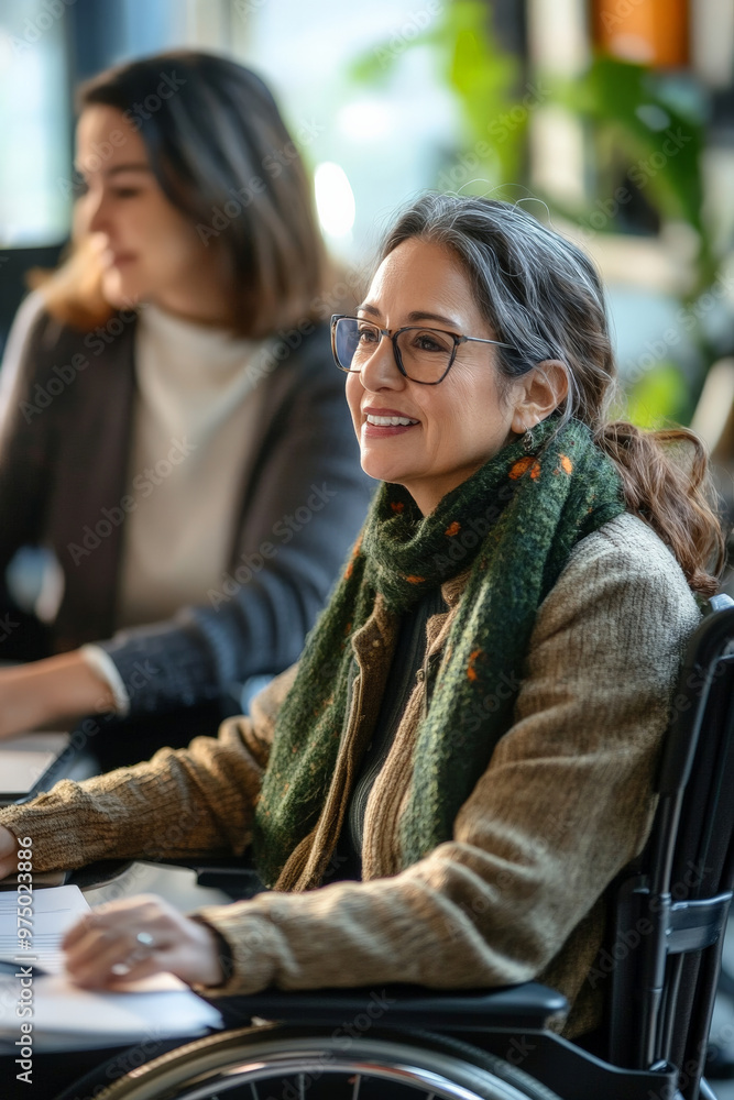 A senior Hispanic businesswoman in a wheelchair happily collaborating on reports with a female coworker in a stylish office environment. .jpg