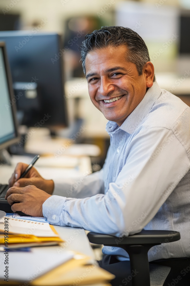 Obraz premium A senior Hispanic male call center agent with a warm smile, taking notes while working on his computer, in a well-lit and organized office. .jpg