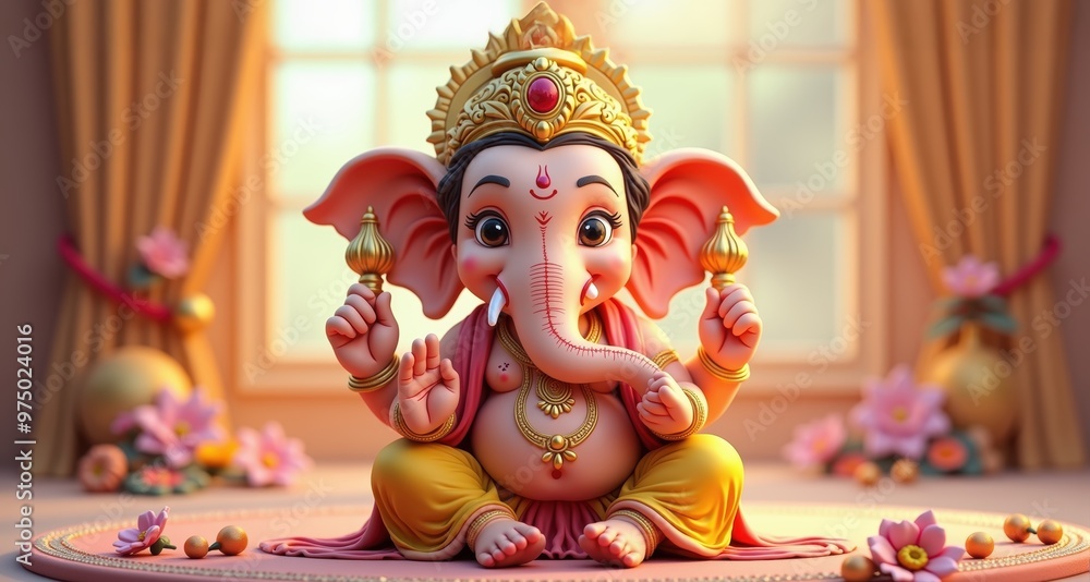 Naklejka premium A vibrant illustration of Lord Ganesha, the Hindu deity of wisdom and prosperity, perfect for spiritual and cultural themes in designs or marketing.